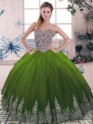 Unique Olive Green Sweetheart Lace Up Beading and Embroidery Sweet 16 Dresses Sleeveless