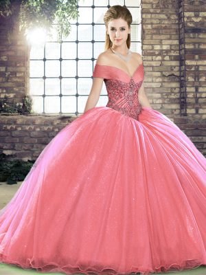 Watermelon Red Sleeveless Brush Train Beading Quinceanera Gown