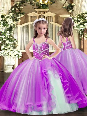 Purple Tulle Lace Up Spaghetti Straps Sleeveless Floor Length Kids Formal Wear Beading