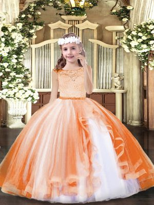 Great Sleeveless Tulle Floor Length Zipper Little Girl Pageant Gowns in Orange with Lace
