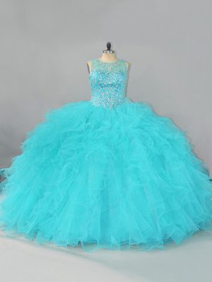Pretty Aqua Blue Sleeveless Floor Length Beading and Ruffles Lace Up Sweet 16 Dresses