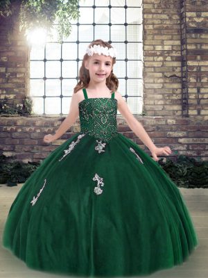 Luxurious Dark Green Little Girls Pageant Gowns Party and Military Ball and Wedding Party with Appliques Straps Sleeveless Lace Up