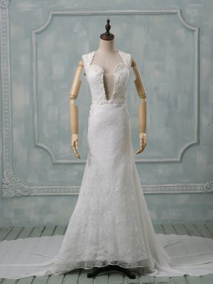 White Sleeveless Chiffon Court Train Zipper Wedding Gown for Wedding Party