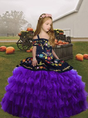 Classical Purple Organza Straps Sleeveless Floor Length Pageant Gowns For Girls Embroidery