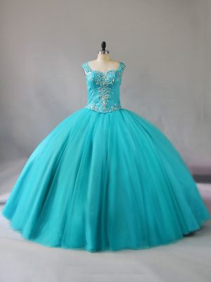 Aqua Blue Zipper 15 Quinceanera Dress Beading Sleeveless Floor Length
