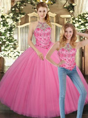 Custom Design Rose Pink Halter Top Neckline Embroidery Sweet 16 Dress Sleeveless Lace Up
