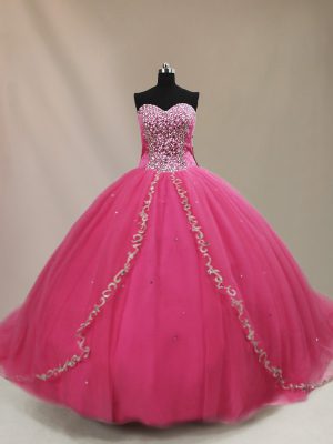 Hot Pink Lace Up Quinceanera Gown Beading Sleeveless Court Train