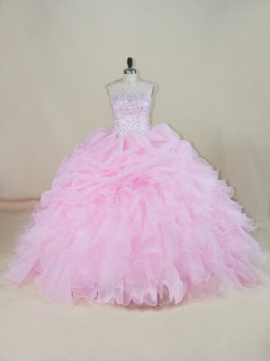 Superior Organza Sleeveless Sweet 16 Dress Brush Train and Beading and Ruffles