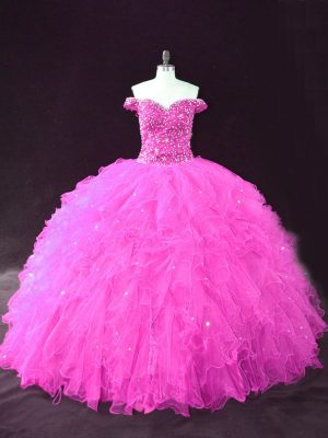 Low Price Fuchsia Tulle Lace Up Quince Ball Gowns Sleeveless Floor Length Beading and Ruffles