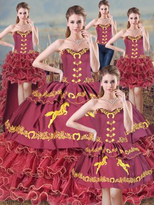 Ideal Burgundy Ball Gowns Embroidery and Ruffles Sweet 16 Dresses Lace Up Satin and Organza Sleeveless