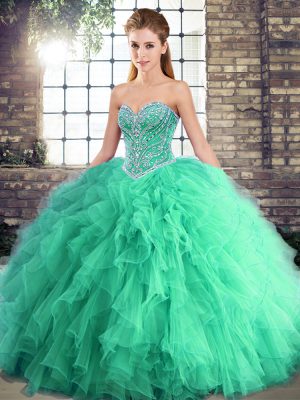 Suitable Turquoise Tulle Lace Up Sweetheart Sleeveless Floor Length Quinceanera Gowns Beading and Ruffles
