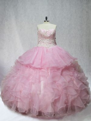 Lilac Lace Up Quince Ball Gowns Beading and Ruffles Sleeveless Floor Length