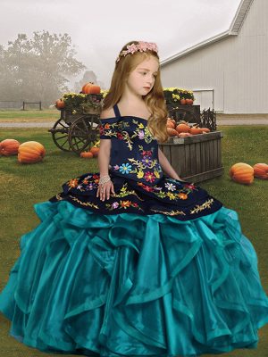Floor Length Teal Little Girls Pageant Dress Wholesale Organza Sleeveless Embroidery and Ruffles
