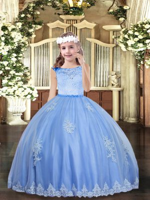 Baby Blue Ball Gowns Beading and Appliques Girls Pageant Dresses Zipper Tulle Sleeveless Floor Length