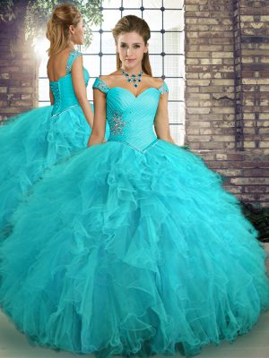 Sleeveless Tulle Floor Length Lace Up Quinceanera Dress in Aqua Blue with Beading and Ruffles