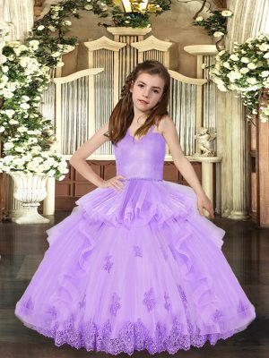 Fantastic Sleeveless Floor Length Appliques Lace Up Little Girls Pageant Gowns with Lavender