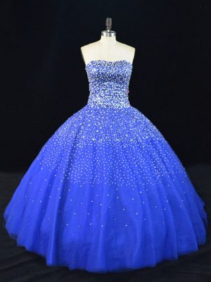 Elegant Royal Blue Quinceanera Dresses Sweet 16 and Quinceanera with Beading Strapless Sleeveless Lace Up