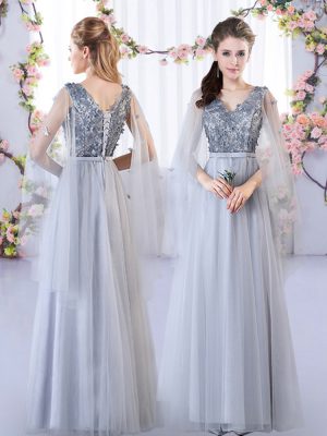 Grey Lace Up Vestidos de Damas Appliques Sleeveless Floor Length
