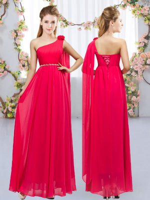 Best Floor Length Red Vestidos de Damas Chiffon Sleeveless Beading and Hand Made Flower