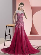 Exquisite Red Tulle Backless Scoop Sleeveless Dress for Prom Sweep Train Beading and Appliques