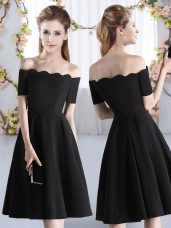 Captivating Black A-line Satin Off The Shoulder Short Sleeves Ruching Knee Length Zipper Vestidos de Damas