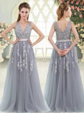 Fashionable Grey Prom Party Dress Prom and Party with Appliques V-neck Sleeveless Zipper