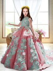 Watermelon Red Sleeveless Appliques Backless Little Girl Pageant Dress