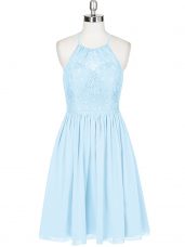 Light Blue Chiffon Backless Halter Top Sleeveless Mini Length Prom Dresses Lace