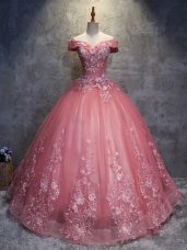 Watermelon Red Lace Up Off The Shoulder Appliques 15 Quinceanera Dress Tulle Sleeveless