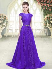 Scoop Cap Sleeves Prom Evening Gown Brush Train Lace and Appliques Purple Tulle
