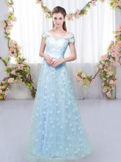 Best Selling Blue Empire Off The Shoulder Cap Sleeves Tulle Floor Length Lace Up Appliques Quinceanera Court of Honor Dress