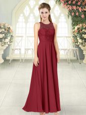 Sleeveless Chiffon Floor Length Backless Prom Evening Gown in Burgundy with Lace