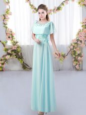 Flare Aqua Blue Short Sleeves Chiffon Zipper Bridesmaids Dress for Prom and Party and Wedding Party