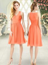 V-neck Sleeveless Prom Dresses Knee Length Lace Orange Chiffon
