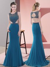 Custom Made Blue Scoop Backless Beading Prom Dresses Sweep Train Sleeveless