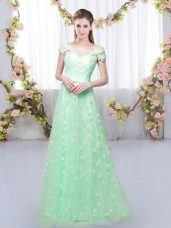 Unique Apple Green Empire Tulle Off The Shoulder Cap Sleeves Appliques Floor Length Lace Up Wedding Party Dress