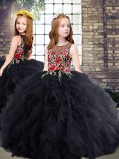 Superior Black Ball Gowns Scoop Sleeveless Tulle Floor Length Zipper Embroidery and Ruffles Little Girls Pageant Dress