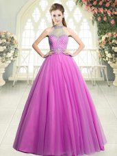 Super Pink Zipper Halter Top Beading Evening Wear Tulle Sleeveless