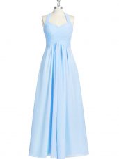 Graceful Blue Sleeveless Floor Length Ruching Zipper Prom Gown