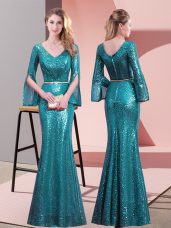Adorable Long Sleeves Sequined Floor Length Zipper in Teal with Belt