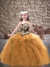 Low Price Floor Length Gold Child Pageant Dress Tulle Sleeveless Embroidery and Ruffles