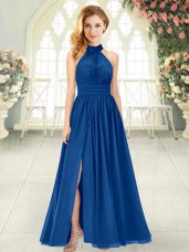 Fantastic Blue Empire Halter Top Sleeveless Chiffon Ankle Length Zipper Ruching Prom Dress