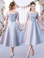 Silver Half Sleeves Lace Tea Length Damas Dress