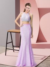 Comfortable Floor Length Lilac Going Out Dresses Lace Sleeveless Beading and Lace