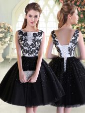 Black Ball Gowns Tulle Scoop Sleeveless Beading and Lace Mini Length Lace Up