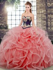 Admirable Watermelon Red Lace Up Sweet 16 Dresses Embroidery and Ruffles Sleeveless Sweep Train
