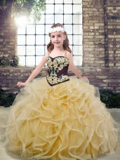 Cute Tulle Sleeveless Floor Length Kids Pageant Dress and Embroidery and Ruffles