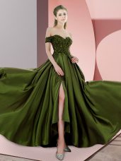 Olive Green Sleeveless Elastic Woven Satin Sweep Train Backless Evening Gowns for Prom and Party