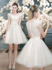 Chic White Scoop Neckline Lace Prom Dresses Cap Sleeves Zipper