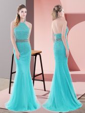 Sweep Train Mermaid Aqua Blue Halter Top Tulle Sleeveless Backless